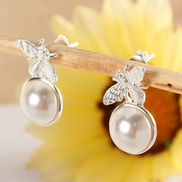 Sterling Silver Bee Earrings With Swarovski Pearls
